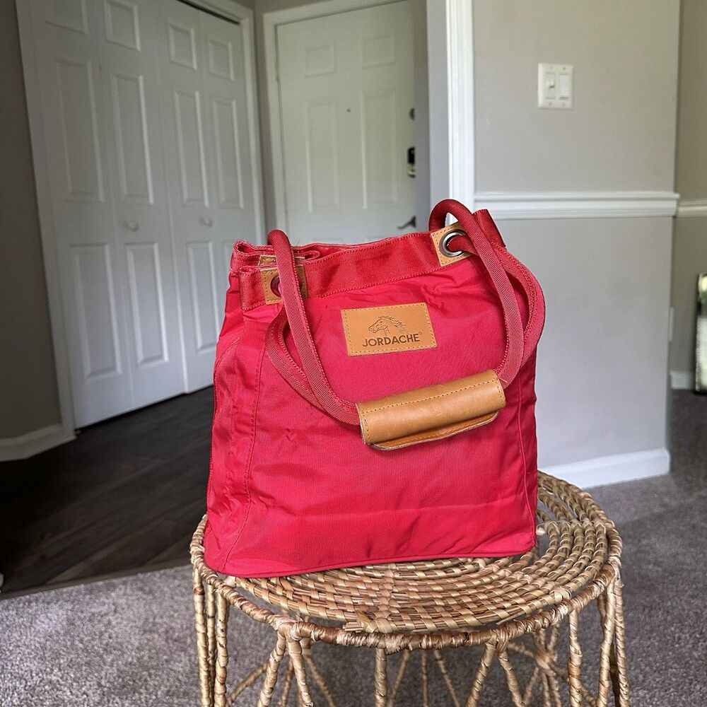 Vintage Jordache Nylon Canvas Tote Shoulder Bag in Red Brown Leather Handles